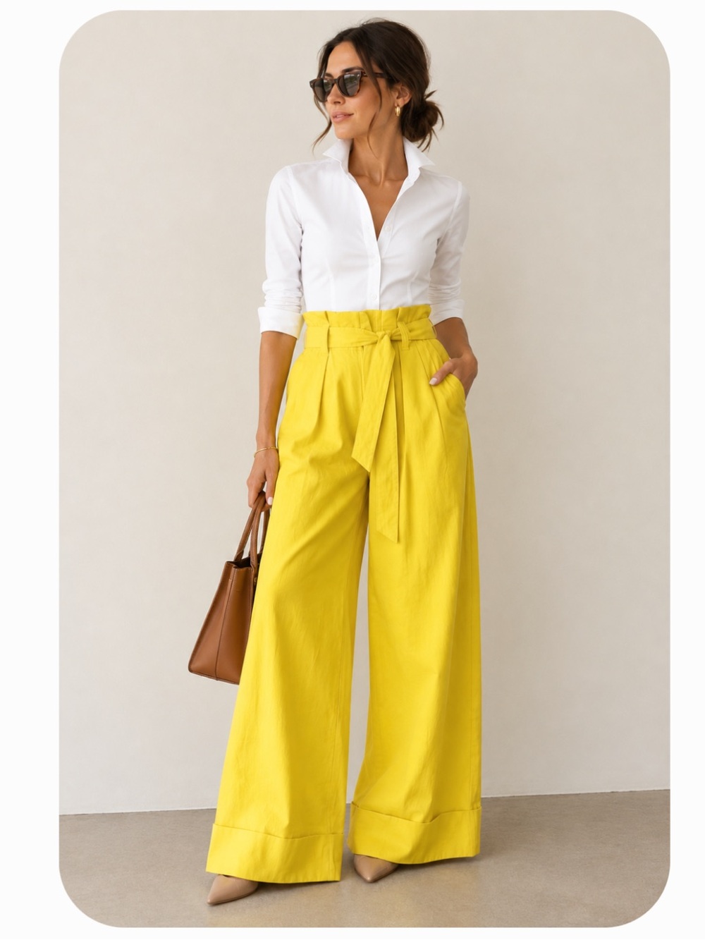 Banana Republic Bright Yellow High-Rise Belted Wide-Leg Cuff Dress Pant, Size 6